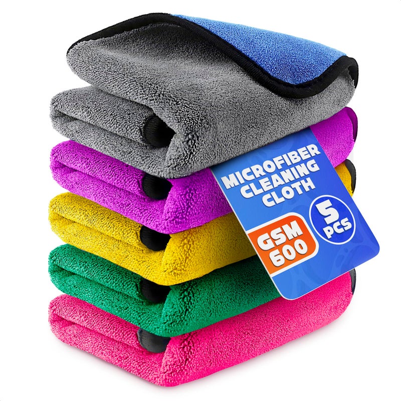 VIKROM 5 Pcs Thick Microfiber Cleaning Cloth â€“ Dual-Layer Cleaning Rags, High-Tensile GSM 600 Fabric, Crafted for Effective Use â€“ 11.8x11.8 Inches Microfiber Towels for Car Detailing, Window, Glass and House - Image 1